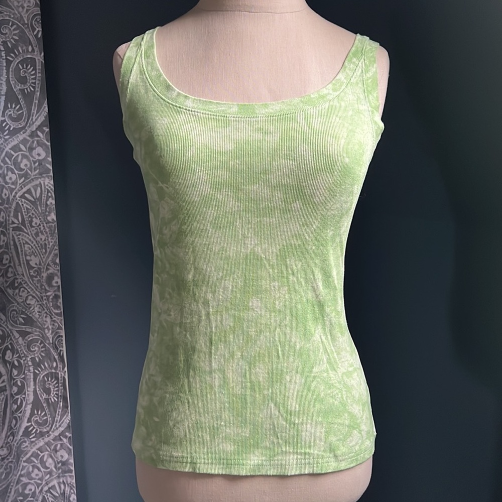 2001 Y2K Gap Tank Top Green and White Tie Dye Design Ribbed Vintage Size S